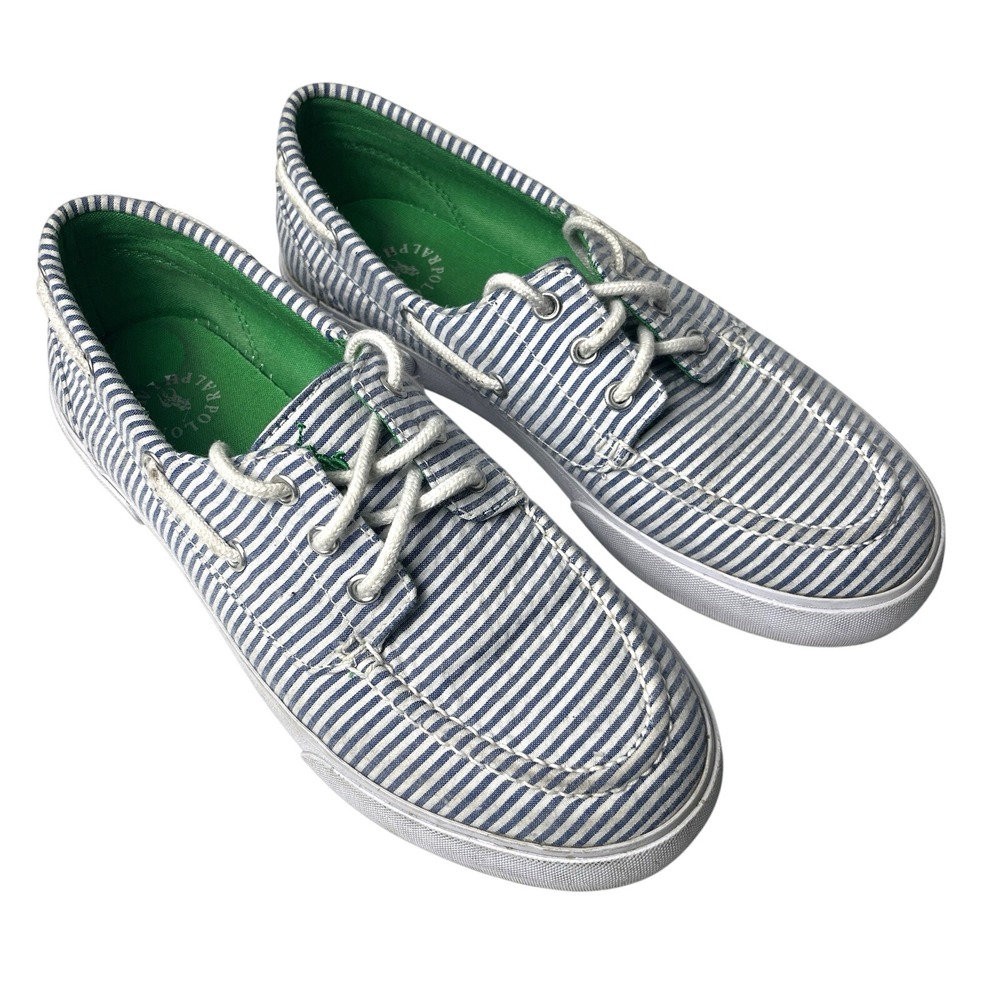 Polo Ralph Lauren Lilia Seersucker Boat Shoes Womens 8.5 Blue Striped Slip On